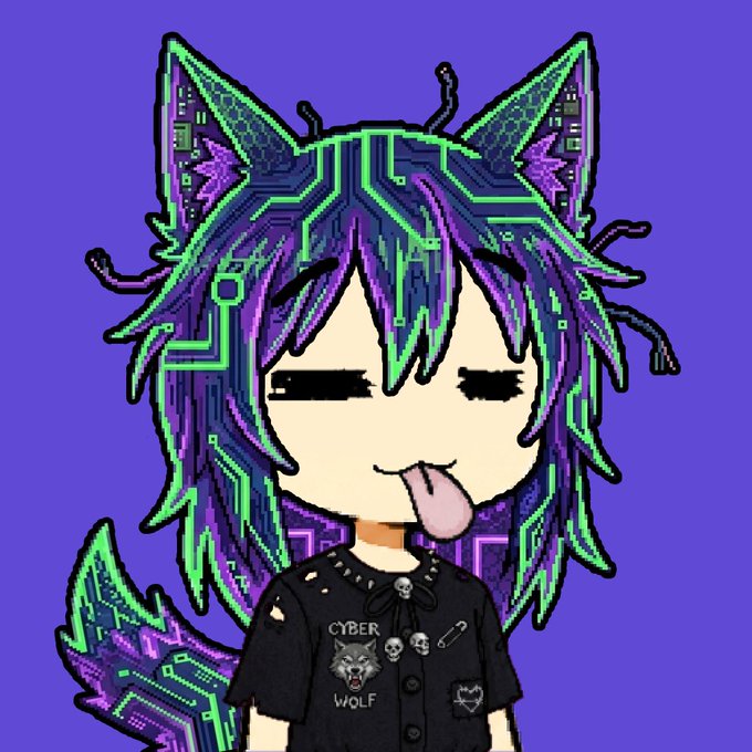 A pixel-art style illustration of an anime-style character with cat ears, green and purple circuit-board patterned hair and tail, wearing a black 'CYBER WOLF' shirt and sticking out its tongue.