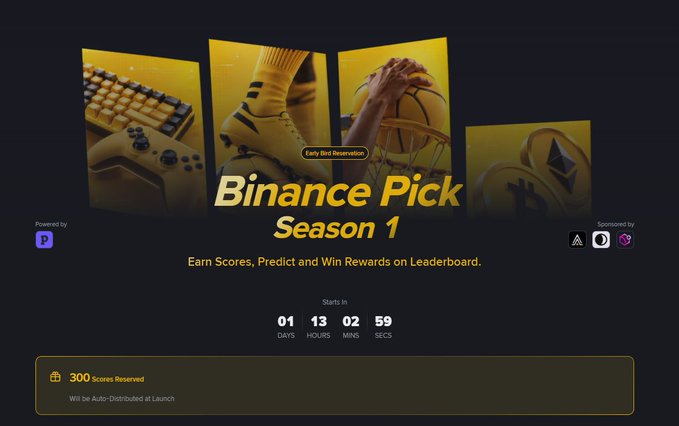 A promotional banner for 'Binance Pick Season 1' with a countdown timer starting in 1 day, 13 hours, 2 minutes, and 59 seconds.