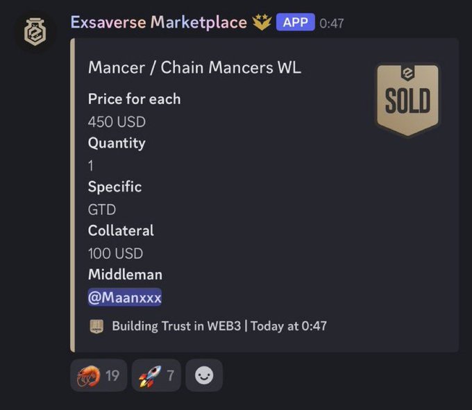 A Discord message from the 'Exsaverse Marketplace' app shows a listing for 'Mancer / Chain Mancers WL' priced at 450 USD each with 100 USD collateral, listed by '@Maanxxx' and marked as 'SOLD'.