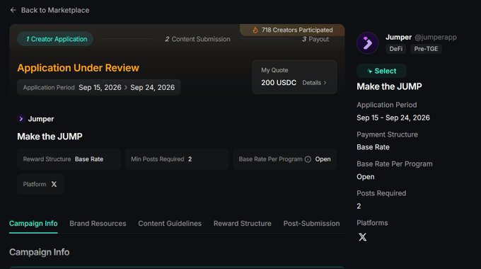 Application Under Review screen for Jumper (@jumperapp) DeFi Pre-TGE campaign, with 'Make the JUMP', 200 USDC quote, Sep 15-Sep 24 2026 period, and Base Rate reward structure on Platform X.