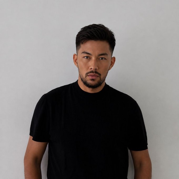 A man with short dark hair, a beard, and a serious expression stands against a plain light gray wall, wearing a plain black t-shirt. The image pairs with the post "from now until the end of the bull run: Chen todar" — a play on words suggesting the man pictured is "Chen" (a popular meme character known for the phrase "John, I'm only on day one of the bull run"), positioned as a steady, unmoving figure throughout the entire duration of the bull market.