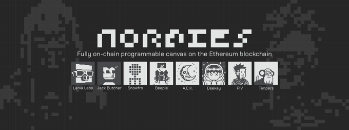 A graphic titled 'NORMIE$' reads 'Fully on-chain programmable canvas on the Ethereum blockchain,' displaying eight artist avatars labeled Larva Labs, Jack Butcher, Snowfro, Beeple, A.C.K., Deekay, PIV, and Timpers.