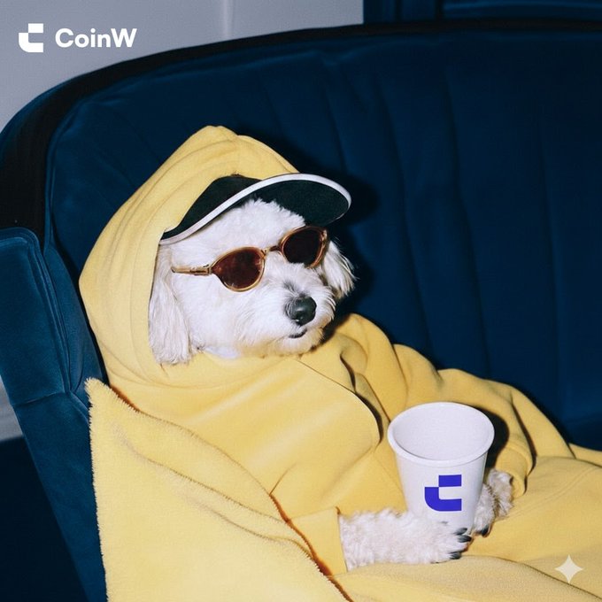 A small white dog wearing a yellow hoodie, a green and white visor, and sunglasses sits on a blue couch holding a white cup, with the 'CoinW' logo in the corner.