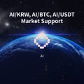 The image displays a stylized Earth against a starry space backdrop with a Bitcoin symbol overlaying the globe, accompanied by the text "AI/KRW, AI/BTC, AI/USDT Market Support" at the top. This promotional graphic relates to the post by announcing that the $AI token for the machine intelligence network is now available for trading in KRW, BTC, and USDT pairs on the Upbit Spot exchange.