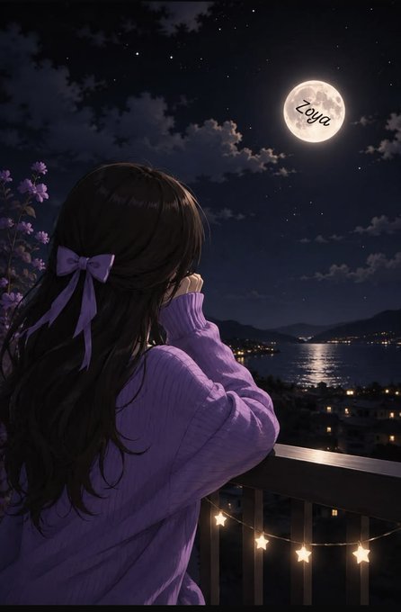 An anime-style illustration of a girl with a purple bow looking out from a balcony at a moonlit bay, with 'Zoya' written on the moon and star-shaped fairy lights decorating the railing.