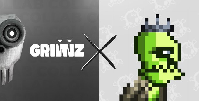 A grayscale promotional image split into two halves, featuring the stylized text "GRINNZ" alongside a paintbrush icon on the left, and a pixel-art green character with a crown on the right, both separated by a large "X" — indicating a collaboration event for GRINNZ NFT holders offering whitelist spots for the Nasterious collection on Robinhood.