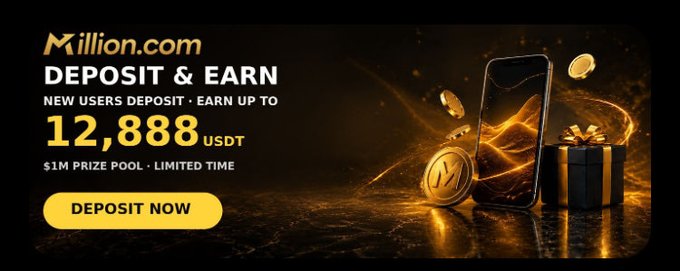 The image is a promotional banner for Million.com (Million Exchange) advertising a "Deposit & Earn" campaign where new users can earn up to 12,888 USDT as part of a $1M prize pool with a call-to-action "Deposit Now" button. The banner features gold coins, a smartphone, and a gift box against a dark background, visually reinforcing the post's message about the rewards campaign's deposit and trading tiers with prizes reaching 12,888 USDT and 16,888 USDT.