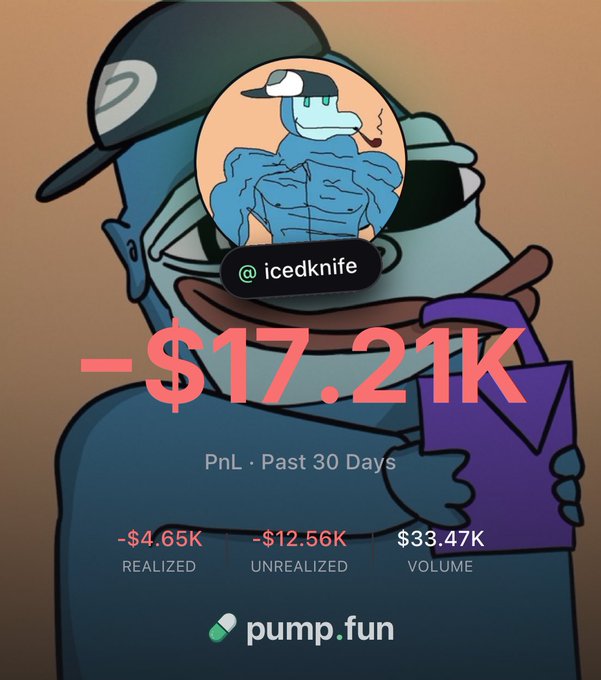 A meme image featuring a muscular cartoon frog character with the handle "@icedknife" displays a pump.fun PnL dashboard showing -$17.21K in losses over the past 30 days, with -$4.65K realized losses, -$12.56K unrealized losses, and $33.47K in trading volume. The "I will win" caption paired with the heavy losses reflects a defiant, humorous stance typical of meme coin traders doubling down despite significant drawdowns.