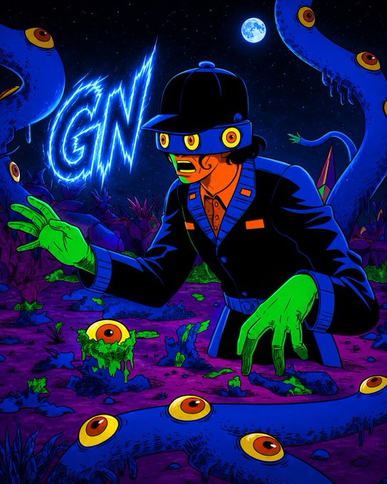 The image features a man dressed in a black suit with green eyes and a hat that says "GN" on his head. He appears to be standing in front of a group of blue, purple, and green creatures or monsters. The creatures are positioned around him, some closer while others are further away. The scene is set against a dark background, which contrasts with the colorful elements present in the image.