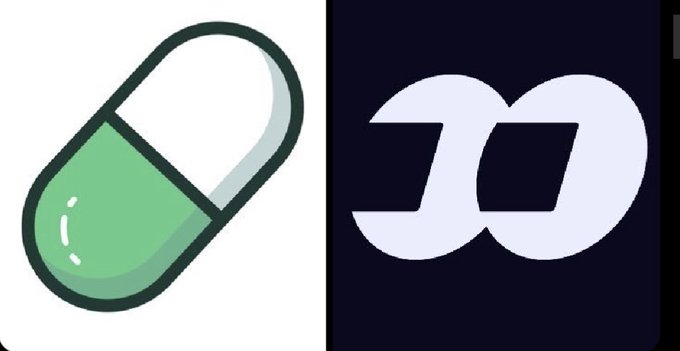 Two logos are displayed side by side: a green and white capsule-shaped pill icon on the left, and a stylized infinity-like 'D' or 'DD' symbol in gray on a dark background on the right.