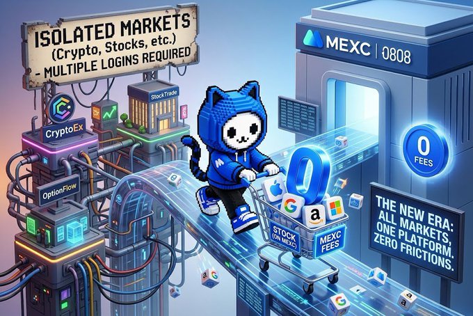 A promotional infographic for MEXC crypto exchange criticizing isolated markets requiring multiple logins, featuring a pixelated character pushing a shopping cart with stocks and crypto logos.