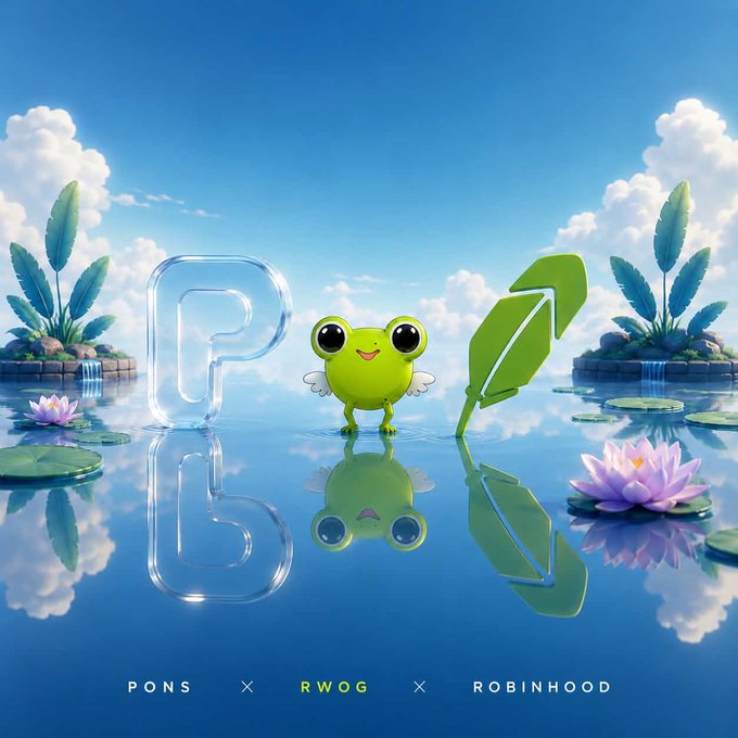 A cute green frog stands on water between a glass "P" (Robinhood logo) and a green leaf "RWOG" logo, with text reading "PONS × RWOG × ROBINHOOD." The whimsical scene visually pitches the $RWOG token as a Robinhood listing candidate, playing on the post's threat to refuse paying credit card bills if Robinhood doesn't list it by month's end.