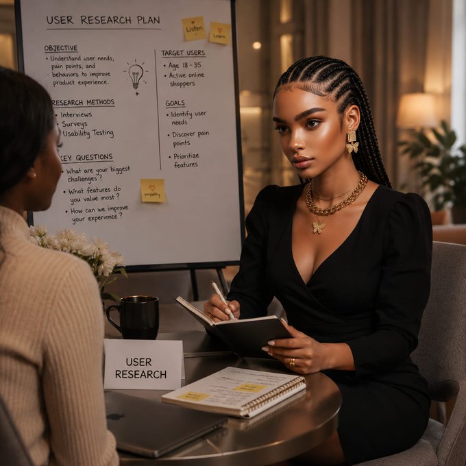A woman in a black dress takes notes while interviewing another person, with a whiteboard behind them outlining a 'USER RESEARCH PLAN' including objectives, target users, and research methods.