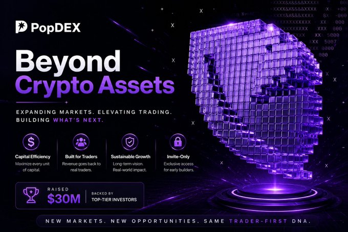 PopDEX promotional banner with 'Beyond Crypto Assets' tagline highlighting capital efficiency, trader-focused features, and $30M raised funding.