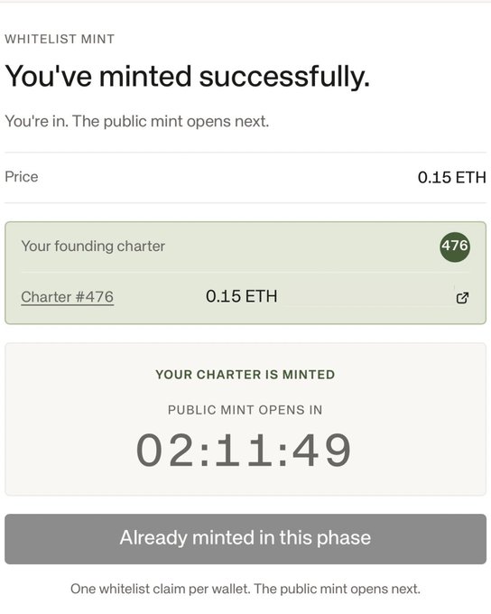 A whitelist mint confirmation screen showing 'You've minted successfully' for Charter #476 at 0.15 ETH, with a countdown of 02:11:49 until the public mint opens.