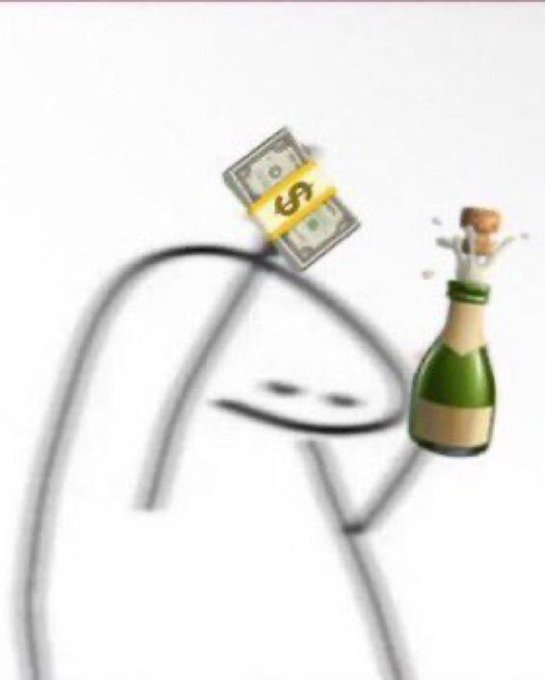 A crudely drawn stick figure with a money-stacked head drinks from a champagne bottle in celebration, reflecting the caption's theme of life's small luxuries — particularly celebrating that "SOL at $74" while noting money stays in crypto rather than the wallet.