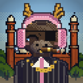 A pixel art illustration of a character with dark skin, an eyepatch, a pink knitted hat with reindeer antlers, and a gold chain necklace.