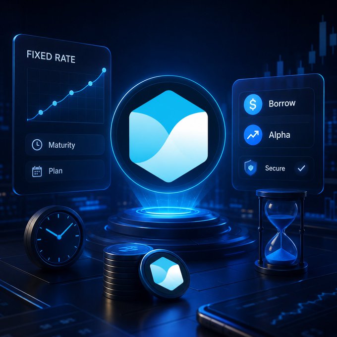 A futuristic digital illustration featuring a glowing blue hexagonal logo surrounded by financial interface elements including 'FIXED RATE' chart, 'Borrow', 'Alpha', 'Secure', and a 'Maturity/Plan' clock panel.