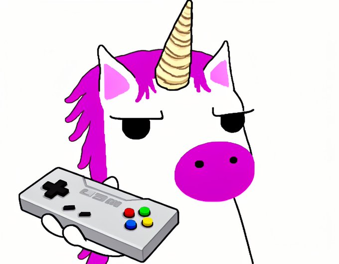 A cartoon drawing of a unimpressed unicorn with pink hair and snout holding a retro NES-style game controller.