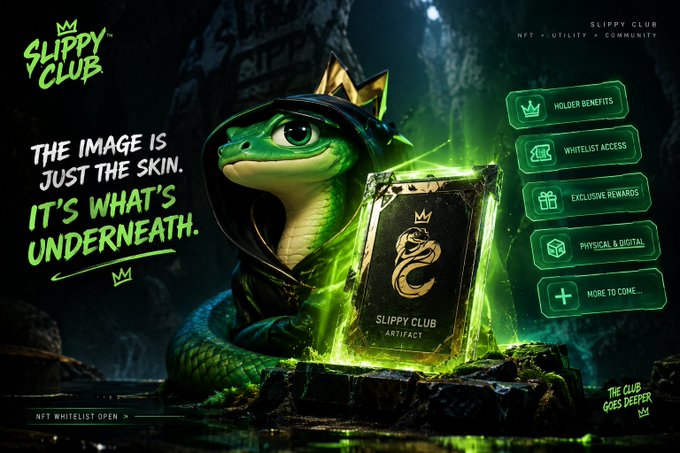 Same promotional graphic for 'Slippy Club' NFT featuring the snake character and artifact card, displaying benefits including 'Exclusive Rewards', 'Physical & Digital', and 'More to come...'.