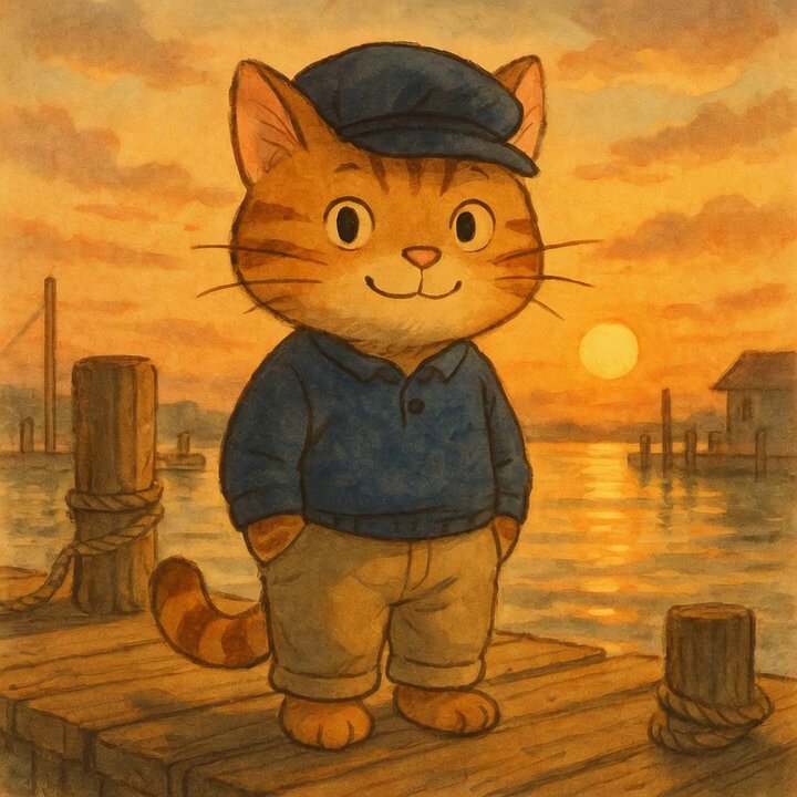 The image features a cartoon cat standing on a dock, wearing a blue sweater and hat. The setting appears to be an outdoor scene with a sunset in the background, creating a warm and inviting atmosphere. The caption of the image reads "Daybreak vibes: main character mode. $CWIF". This suggests that the image is related to a cartoon or illustration featuring the main character as the central focus, set against a backdrop of a beautiful sunset.