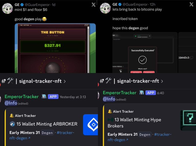 Crypto influencer @GuaEmperor shares screenshots of tracking and minting calls, including "ARB" via signal-tracker-nft showing "15 Wallet Minting ARBROKER" and a successful execution for an inscribed token, while displaying $327.91 for "THE BUTTON" at a $1 mint with $6 floor price, promoting on-chain tracking for early plays on BTC, ARB, HYPE, and Robinhood opportunities.