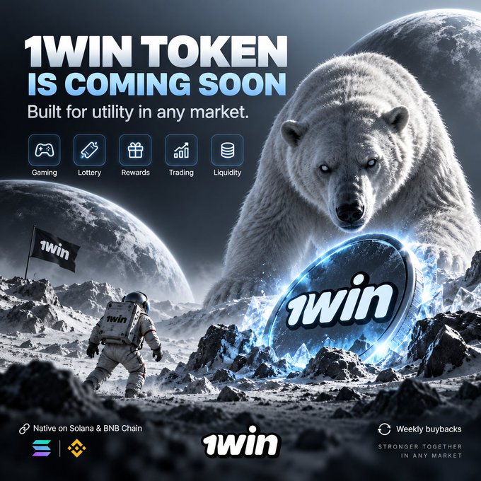 A futuristic promotional image for $1WIN Token features an astronaut planting a "1win" flag on a rocky planet while a massive polar bear looms behind a glowing "1win" coin, with text announcing "1WIN TOKEN IS COMING SOON - Built for utility in any market" and icons highlighting its use cases: Gaming, Lottery, Rewards, Trading, and Liquidity, noting it is "Native on Solana & BNB Chain" with "Weekly buybacks."