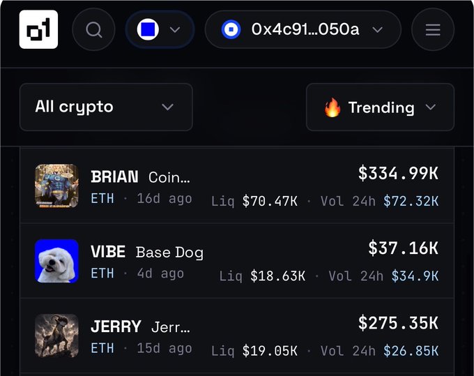 The image shows a crypto trading dashboard displaying trending tokens on the Base network, including $BRIAN at $334.99K, $VIBE (Base Dog) at $37.16K with $18.63K liquidity, and $JERRY at $275.35K. The post describes $VIBE as a meme token named after the content creator's own dog, explaining its organic community support on Base.
