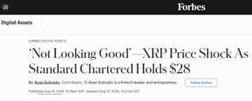 This image shows a Forbes article titled "'Not Looking Good'—XRP Price Shock As Standard Chartered Holds $28" by Boaz Sobrado. It relates to the post by presenting a contrasting narrative about XRP's market perception, with the post highlighting positive institutional investment disclosures while the article suggests a negative outlook.