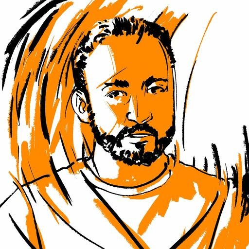 A stylized orange and black sketch-style portrait of a bearded man looking directly at the viewer.