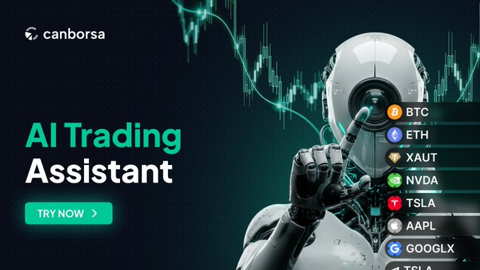 The image features a robot with a white head, arms, and legs standing against a dark blue background. The robot appears to be holding up a sign that says "AI Trading Assistant" above its head. Below the robot's head, there is text that reads "Been testing the new AI Trading Assistant from @Canborsa_DEX and it’s actually one of the more useful crypto x RWA AI tools I’ve tried recently." The image also includes a list of cryptocurrency names such as Bitcoin, Etherth, KAUT, NDA, TSLA, and GLSL.