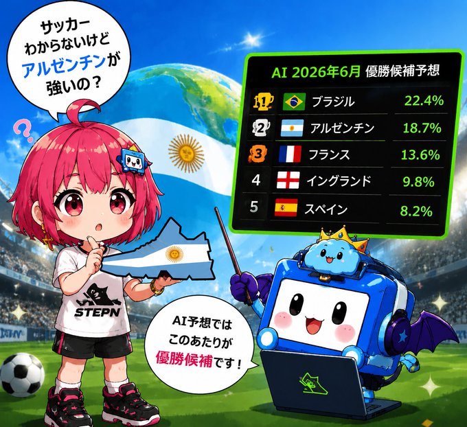 The image features a cartoon girl with red hair, wearing a white shirt and black shorts, standing next to a blue robot that has a laptop open in front of it. The background shows a soccer field with people watching the game. There are also several flags visible in the scene. The caption on the post reads "まずけているステップンならではですね AIの予想はあたるかなみおしい".