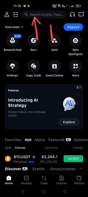 The image shows the MEXC app's home screen, with red arrows pointing to the search bar at the top, illustrating the first step of opening the app to find and trade a specific cryptocurrency for the "$5 Easy Event" promotion.