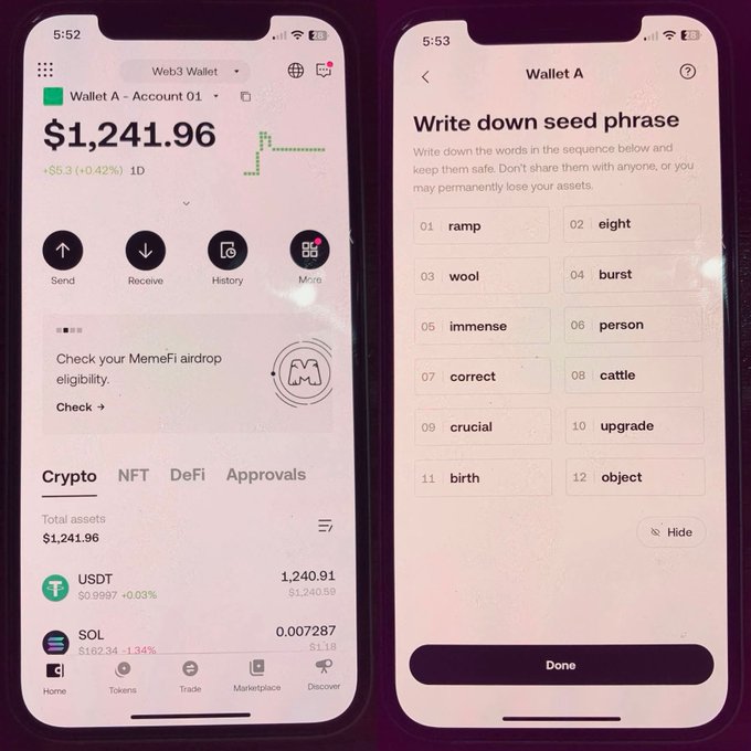 Two smartphone screens display a Web3 wallet app; the left shows a balance of $1,241.96 with tabs for "Crypto, NFT, DeFi, Approvals," while the right prompts users to "Write down seed phrase" with a 12-word list including "ramp," "eight," "wool," and "burst."
