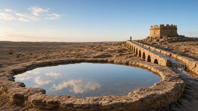 A landscape view of a stone aqueduct leading to a tower/fortress in the background, overlooking a pool of water in an arid desert setting.