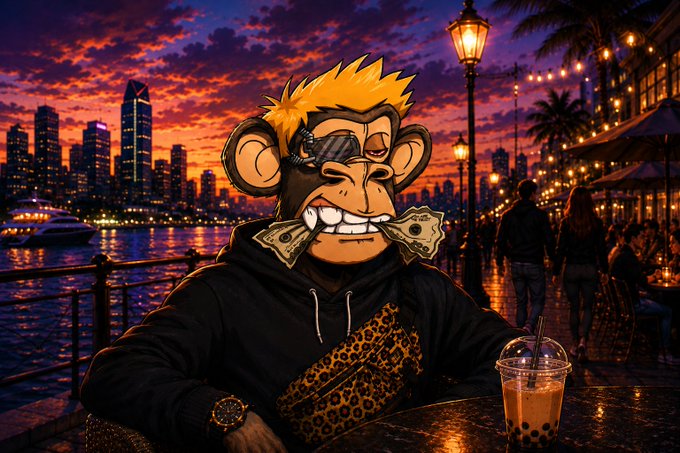 A cartoon ape character wearing sunglasses and a hoodie, holding dollar bills in its mouth, sitting at a waterfront café at sunset with a bubble tea on the table.