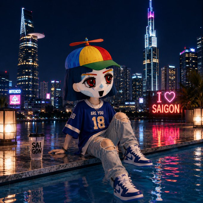 3D render of a stylized doll character with a propeller beanie and 'ARE YOU 18' jersey sitting by a pool at night, with a 'I ♥ SAIGON' neon sign and a city skyline including Bitexco tower in the background.