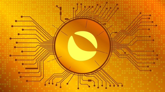 A glowing orange circuit-board design with a central cryptocurrency emblem (resembling Terra Luna's logo) radiates outward against a pixelated yellow-orange background. The image symbolizes the technological and decentralized nature of the $LUNC token, reflecting the user's unwavering commitment to holding their bag in hopes of reaching the $0.1 target.