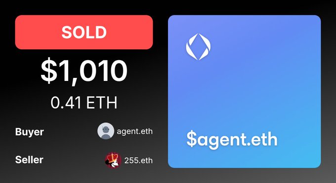 A digital receipt indicating a SOLD status for $1,010 (0.41 ETH) of the NFT "$agent.eth" between buyer "agent.eth" and seller "255.eth".