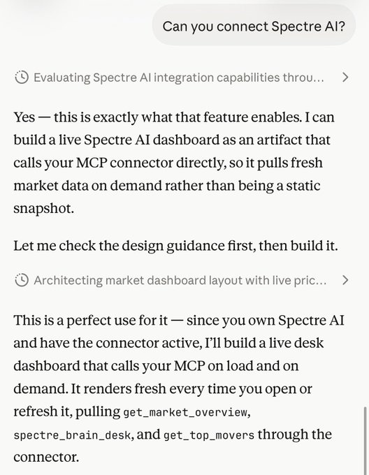 A chat conversation where an AI assistant discusses building a live Spectre AI dashboard as an artifact that calls an MCP connector to pull fresh market data on demand.