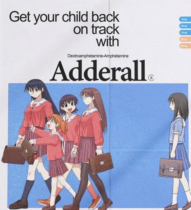 A parody advertisement reads "Get your child back on track with Dextroamphetamine-Amphetamine Adderall," featuring anime schoolgirls in uniforms carrying briefcases, with one girl left out—humorously satirizing ADHD medication culture by depicting students as literal business professionals. The post about finding $200k on a forgotten crypto wallet and comparing it to its former $1.6M peak reflects a similar theme of "getting back on track" after losses, drawing a parallel between the ad's promise of restoring focus/performance and the desire to recover missed crypto gains.
