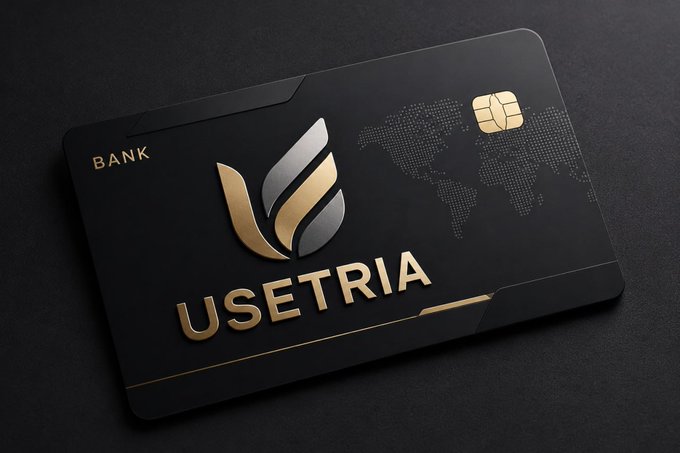 A sleek black and gold 'USETRIA' bank card with a chip and world map design displayed on a dark surface.