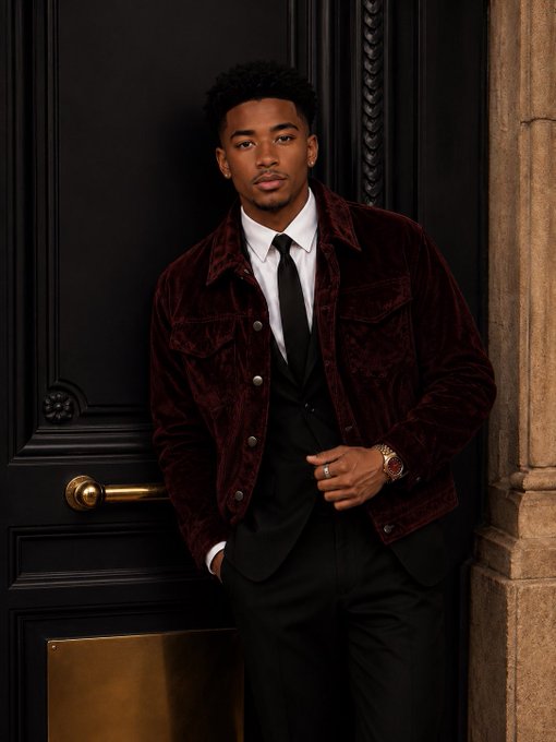 A young man in a dark burgundy velvet jacket, white shirt, and black tie leans against an ornate dark door with brass hardware.