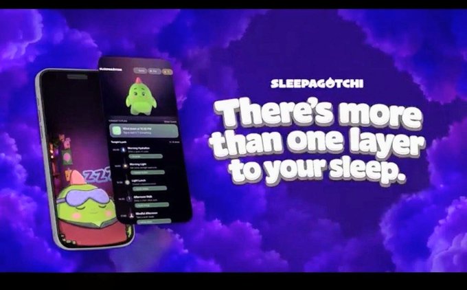 Advertisement for SLEEPAGOTCHI featuring a smartphone displaying a green sleep-tracking app with the tagline 'There's more than one layer to your sleep.' set against a purple cloudy sky.