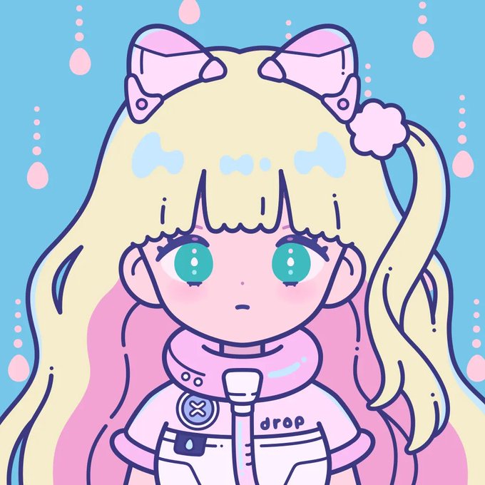 A pastel-colored anime-style illustration of a cute girl with long blonde hair, large teal eyes, pink bows on her head, and a white outfit labeled "drop".