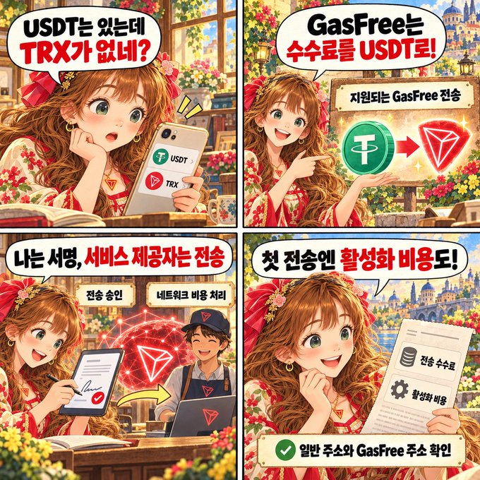 Four-panel anime-style comic strip with a young woman discussing a 'GasFree' service that transfers USDT to TRX, stating 'USDT는 있는데 TRX가 없네?', 'GasFree는 수수료를 USDT로!', '나는 서명, 서비스 제공자는 전송', and '첫 전승(transfer)인 활성화 비용도!'