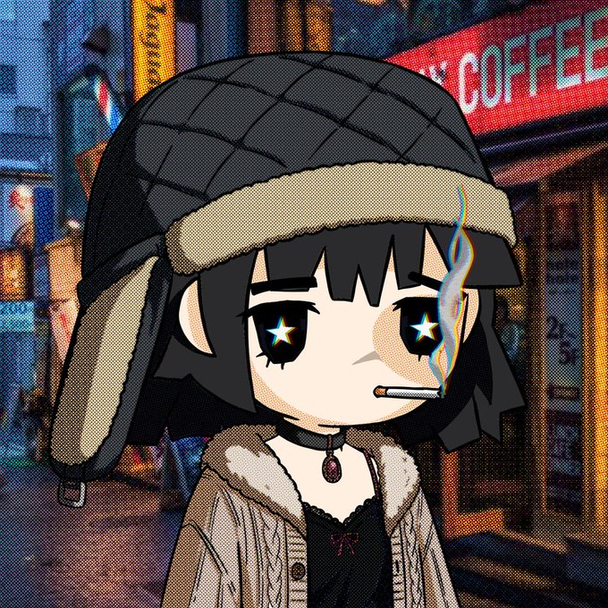 An anime-style illustration of a young girl with dark hair and starry eyes, wearing a trapper hat and a knit cardigan, smoking a cigarette on a city street with neon signs in the background.
