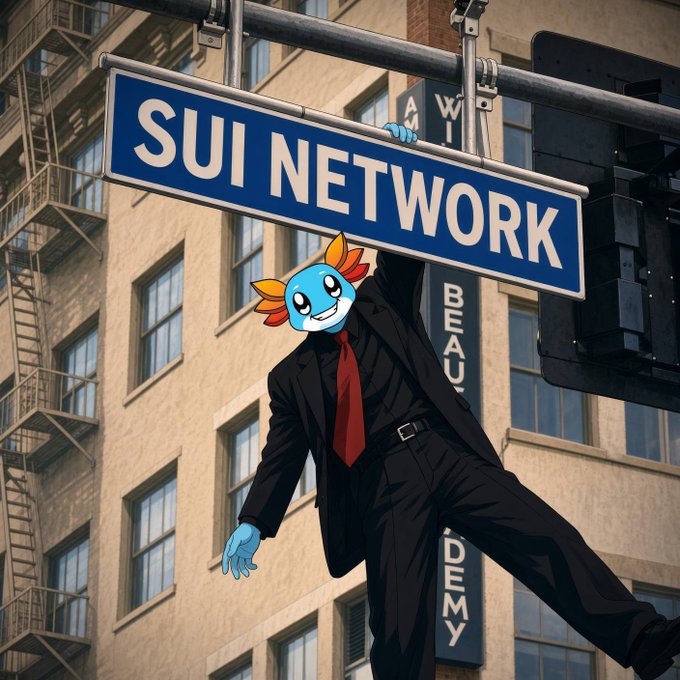An anime-style illustration of a blue axolotl-headed character in a black suit and red tie, holding up a street sign that reads "SUI NETWORK".