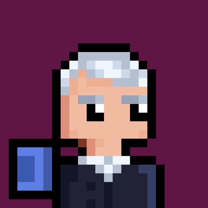 A pixel art illustration of an elderly man with gray hair, wearing a dark suit and white collar, holding a blue book against a maroon background.