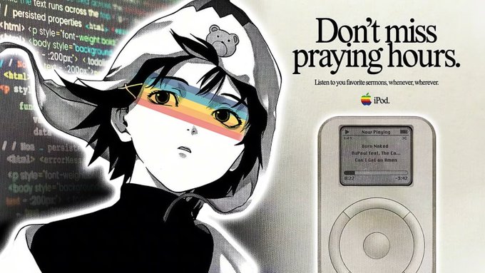 The image features an iPod advertisement with a cartoon girl wearing a hat, sunglasses, and a hoodie. The iPod is placed next to the girl's face, which has a rainbow-colored background. The text on the ad reads "Don't miss praying hours."